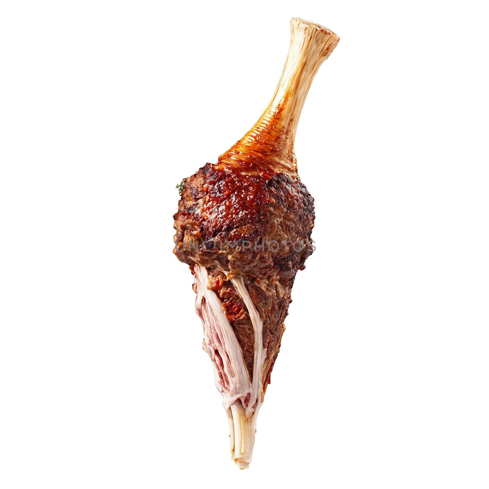 Lamb shank with tender meat falling off bone floating and steaming Food and culinary concept. Food isolated on transparent background.