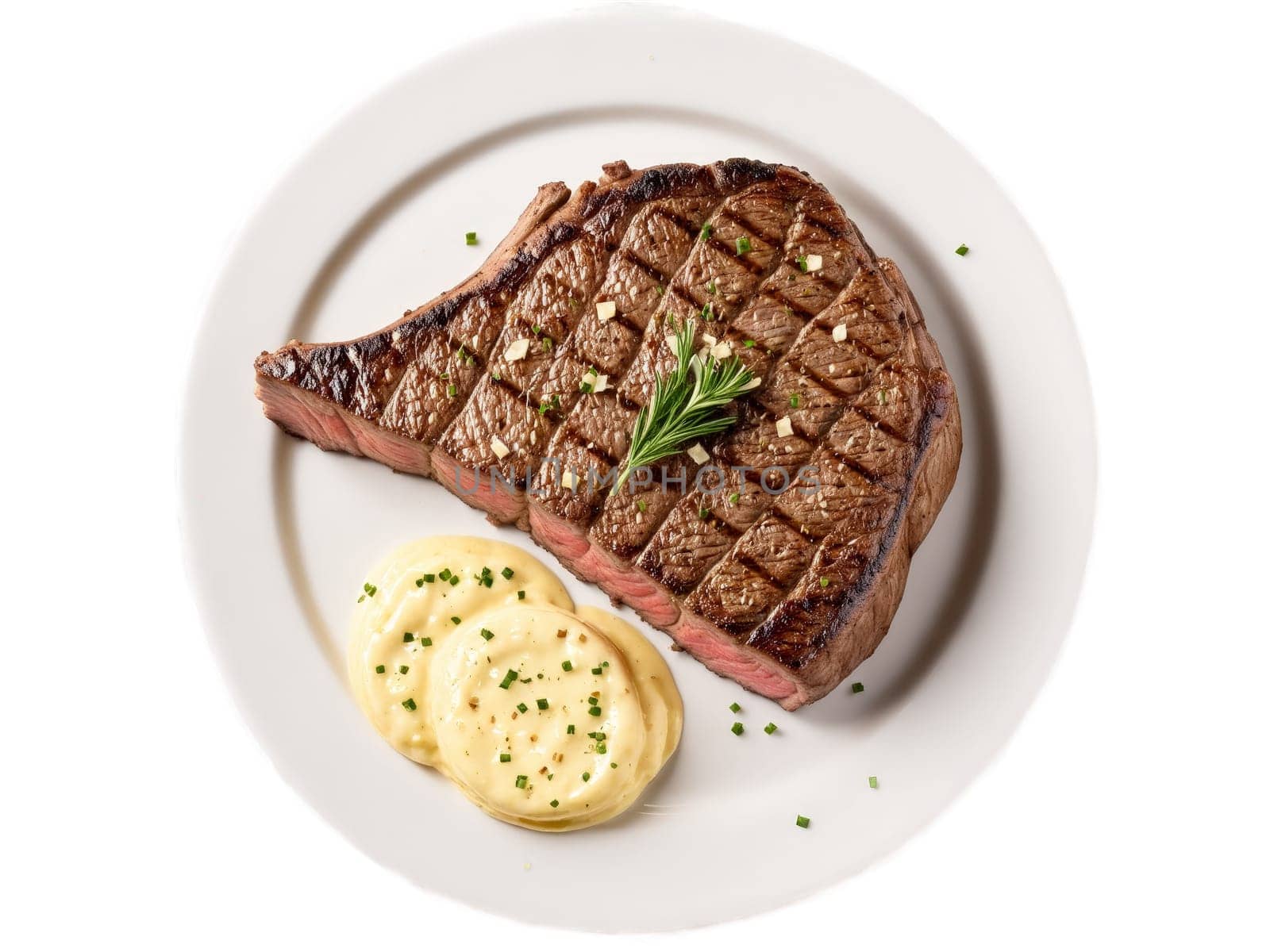 Steak Grilled ribeye steak served with side of garlic butter. Food isolated on transparent background.