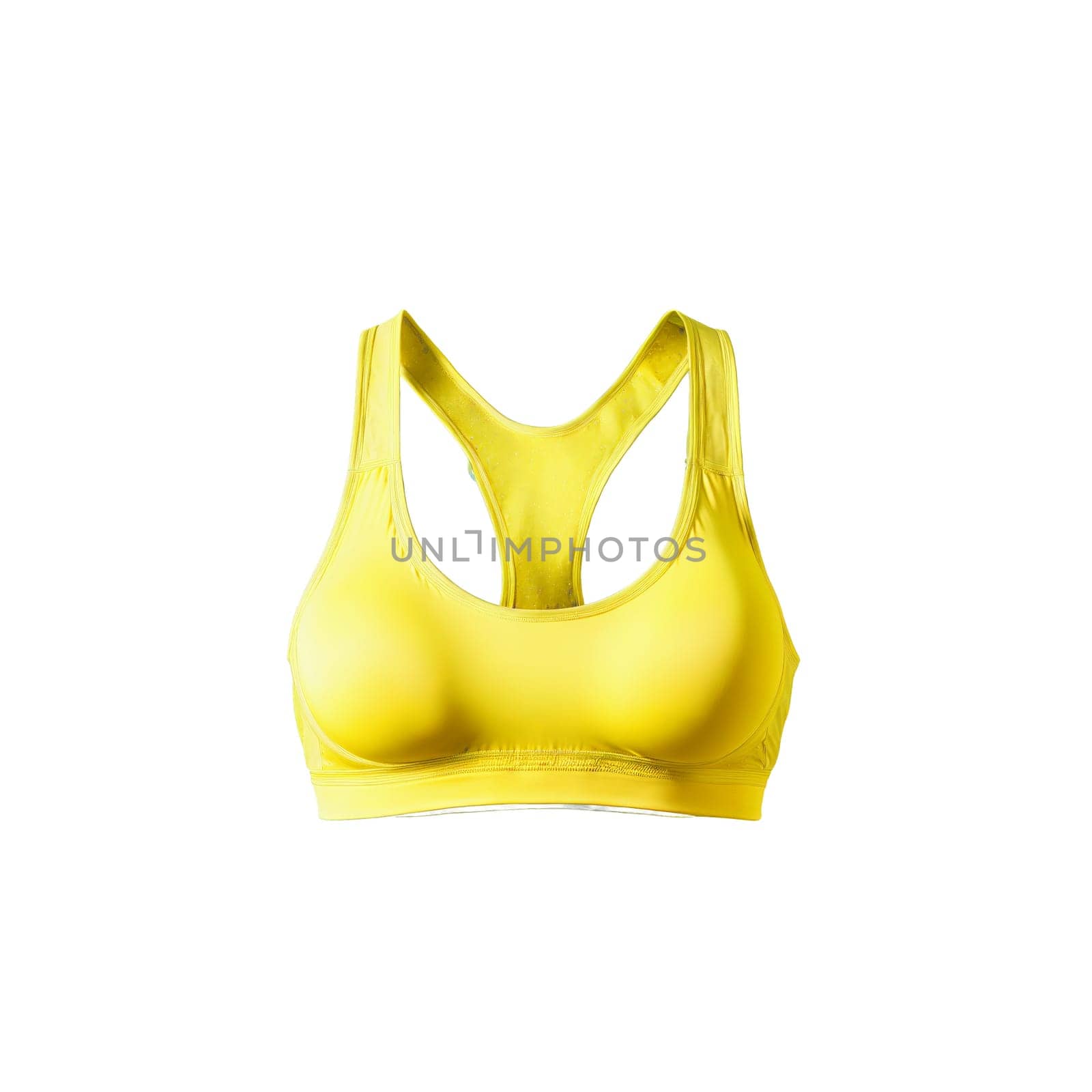 bright canary yellow sports bra with a high neckline frozen in a graceful yet explosive. Woman lingerie isolated on transparent background.
