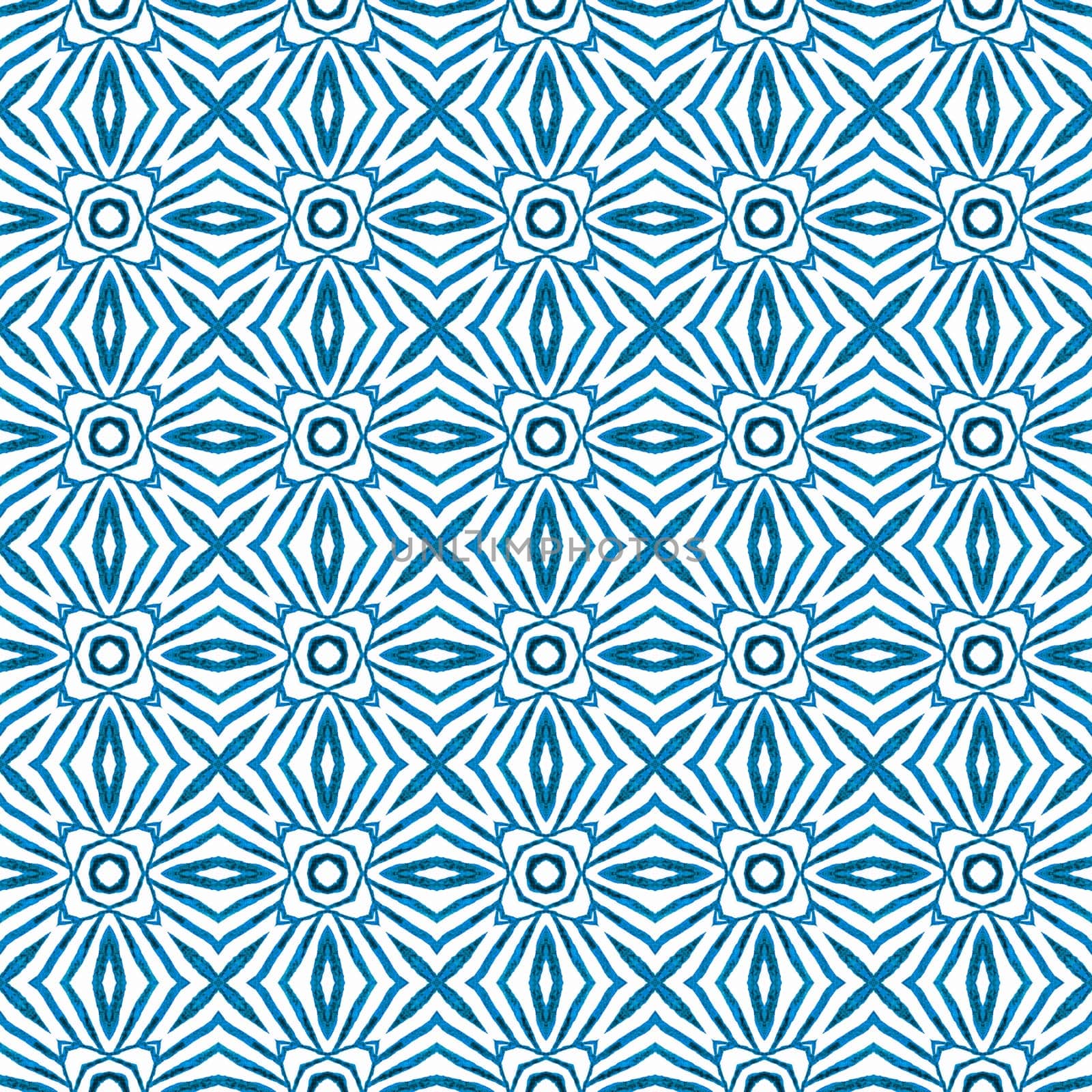 Hand painted tiled watercolor border. Blue good-looking boho chic summer design. Tiled watercolor background. Textile ready rare print, swimwear fabric, wallpaper, wrapping.