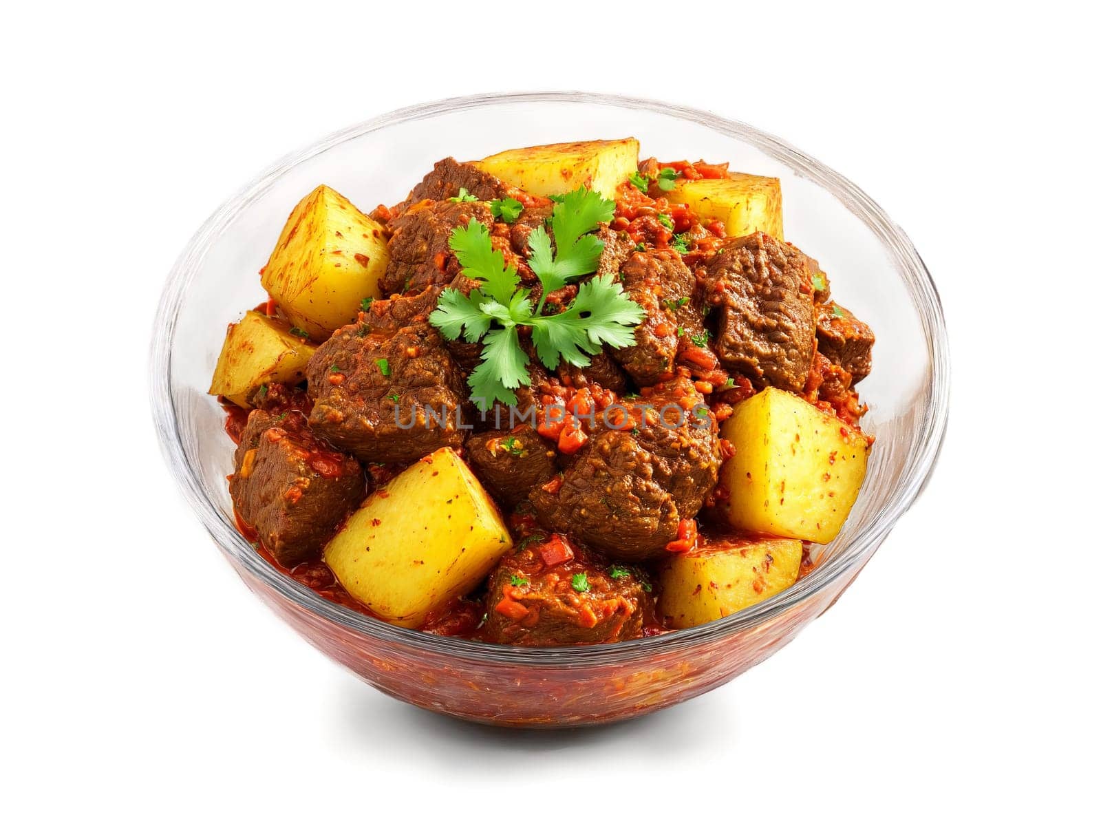 Beef Vindaloo spicy and tangy with potatoes served in a transparent glass bowl fiery. Food isolated on transparent background.