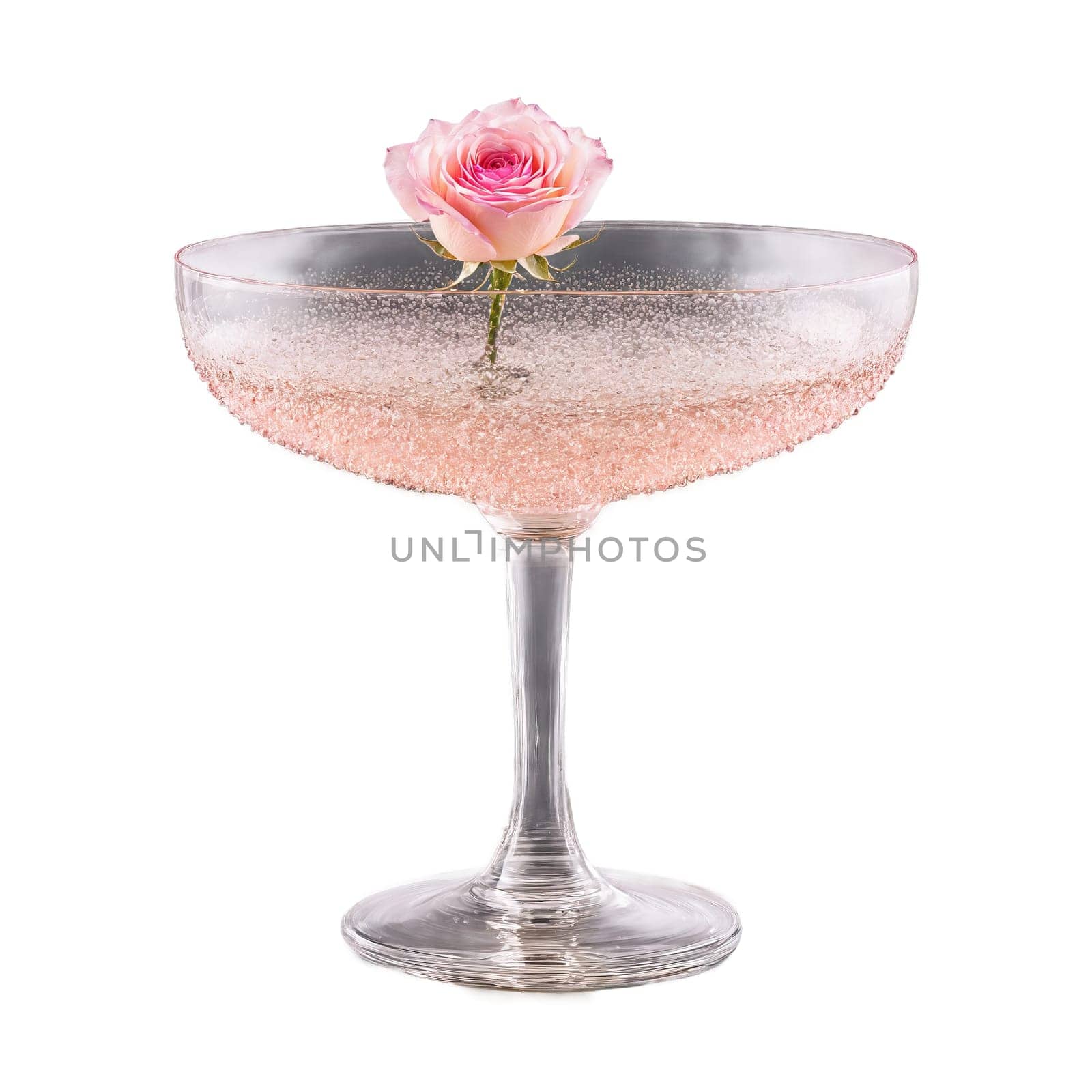 Vintage coupe glass shallow broad crystal bowl art deco stem filled with shimmering pale pink. Close-up wine glass, isolated on transparent background