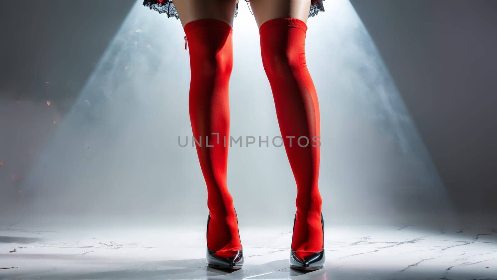 Asian lingerie model in vibrant red thigh high stockings dynamic dancing pose legs elegantly positioned.