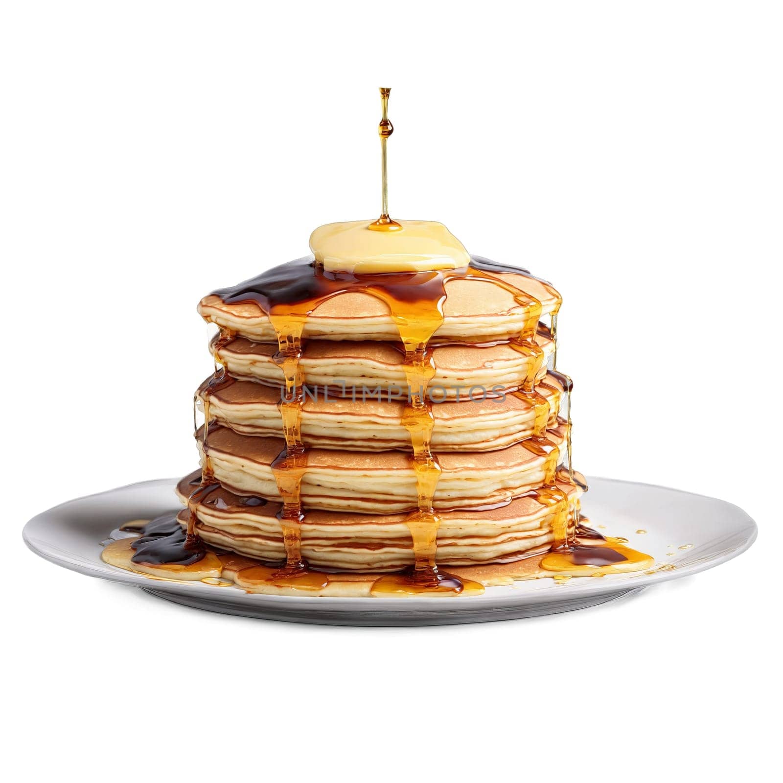 Pancake stack mandala a fluffy circular stack of pancakes with syrup dripping and butter melting. Food isolated on transparent background.