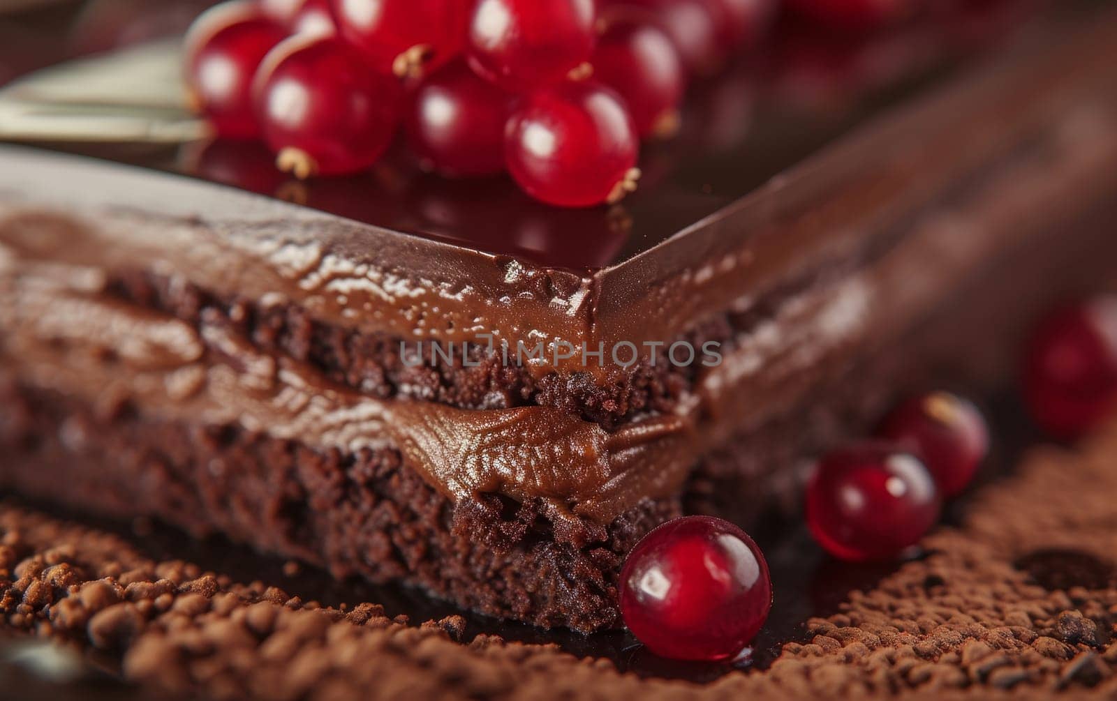 Gourmet chocolate cake slice with whipped cream topping and cocoa, elegant dessert presentation