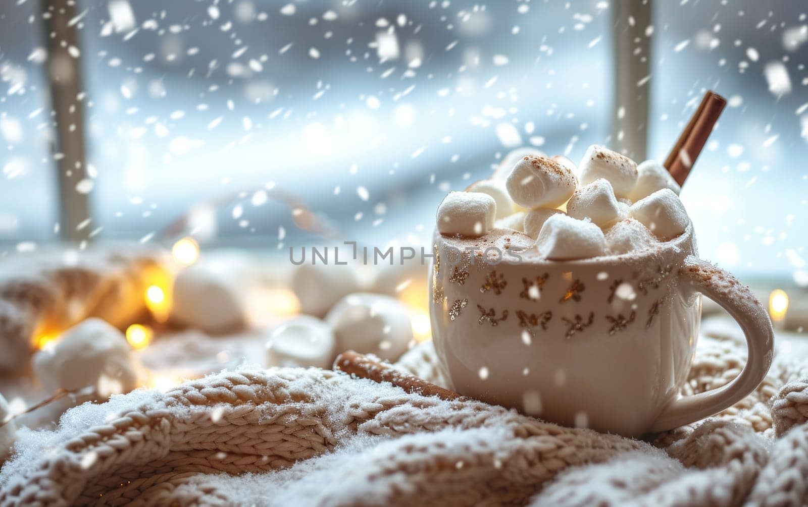 Warm cup of hot chocolate with marshmallows, cinnamon, festive lights and snow