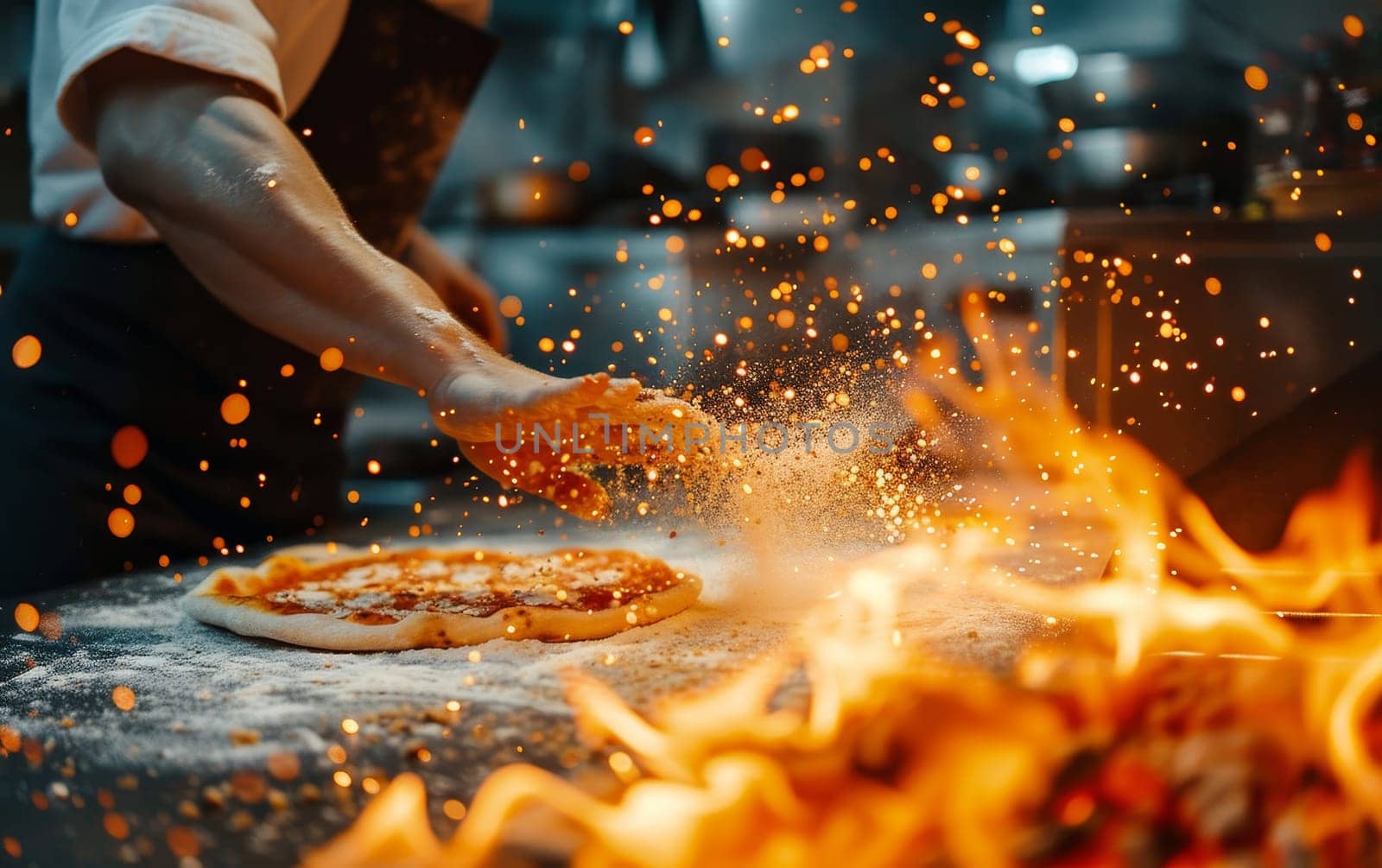 Cook adding a handful of flour to pizza on a fiery kitchen backdrop