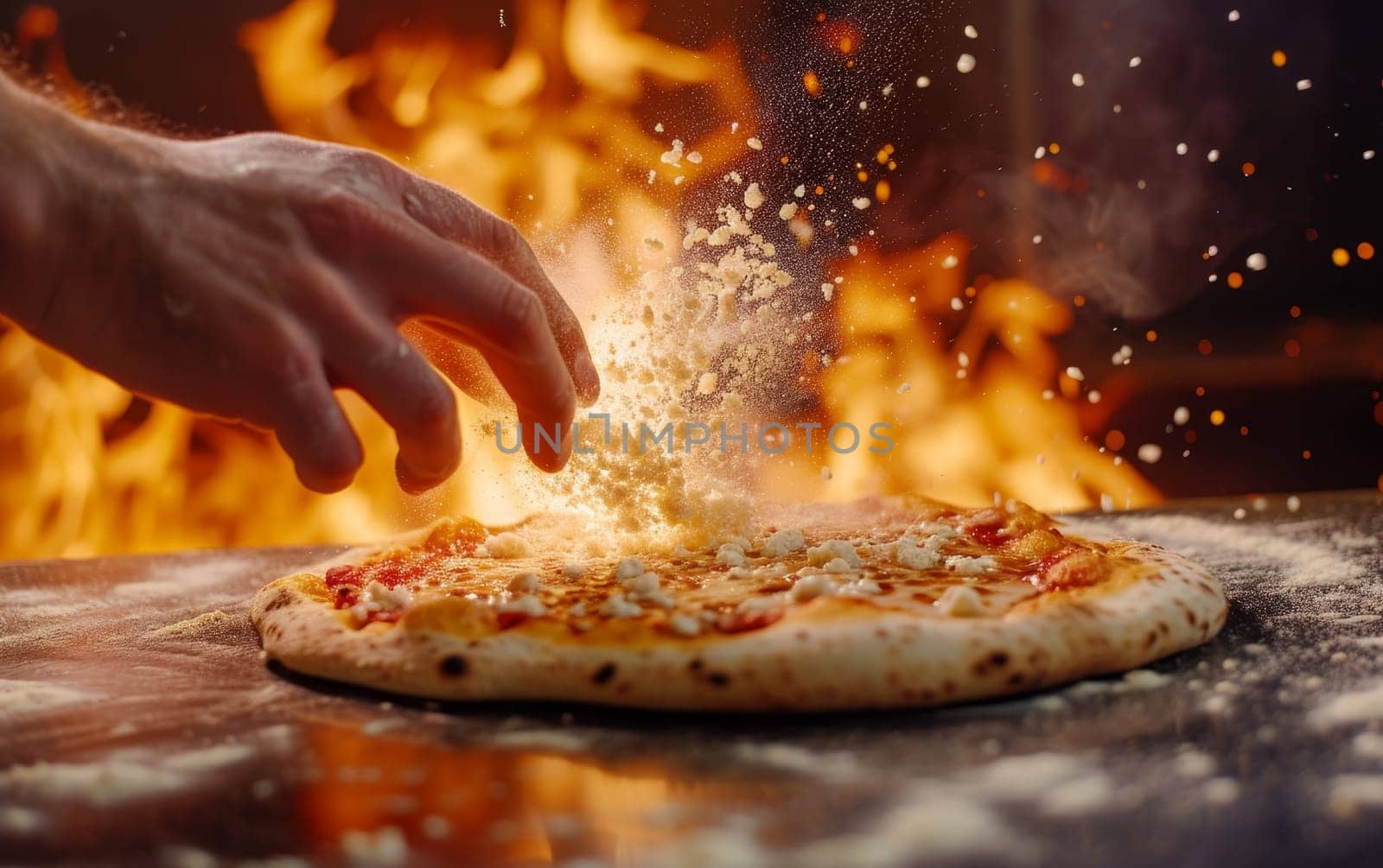 Chef's hand sprinkling cheese on a pizza against a fiery oven backdrop