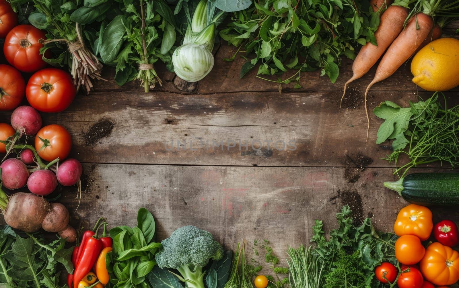 A bountiful assortment of fresh garden vegetables on a wooden background with copy space for text