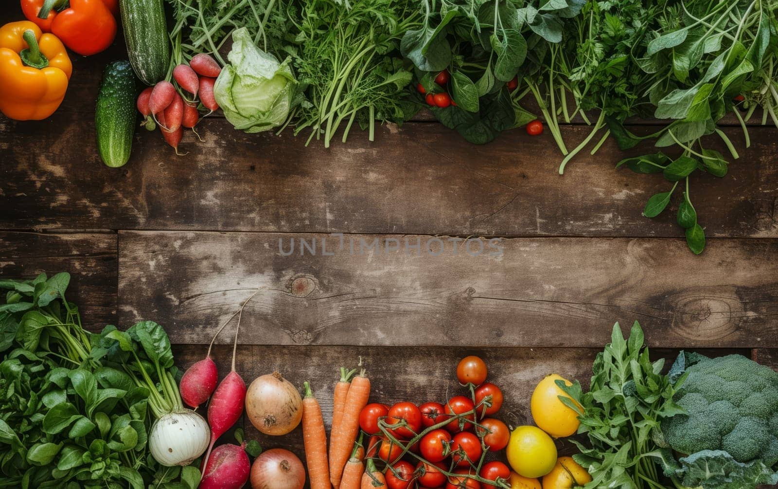 A bountiful assortment of fresh garden vegetables on a wooden background with copy space for text