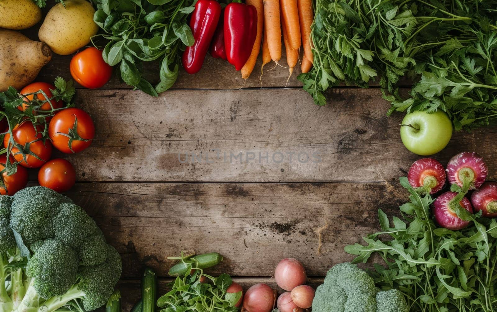 Rich display of diverse vegetables spread across a rustic wooden surface with copy space for text