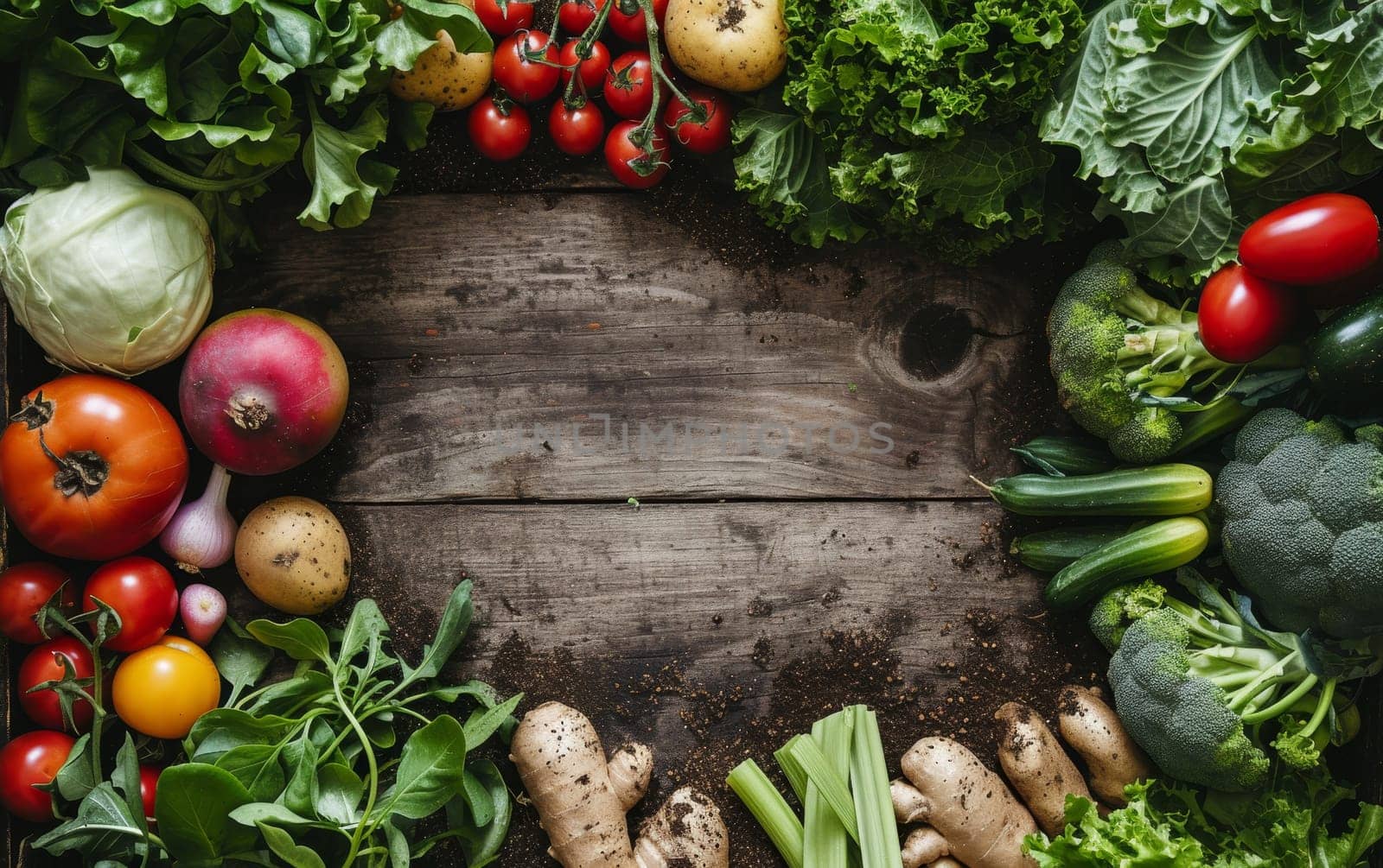 Rich display of diverse vegetables spread across a rustic wooden surface with copy space for text