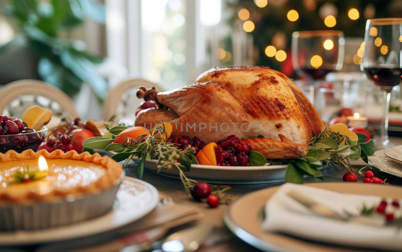 Traditional roasted turkey served on a festive table, accompanied by holiday decorations and a warm, inviting atmosphere