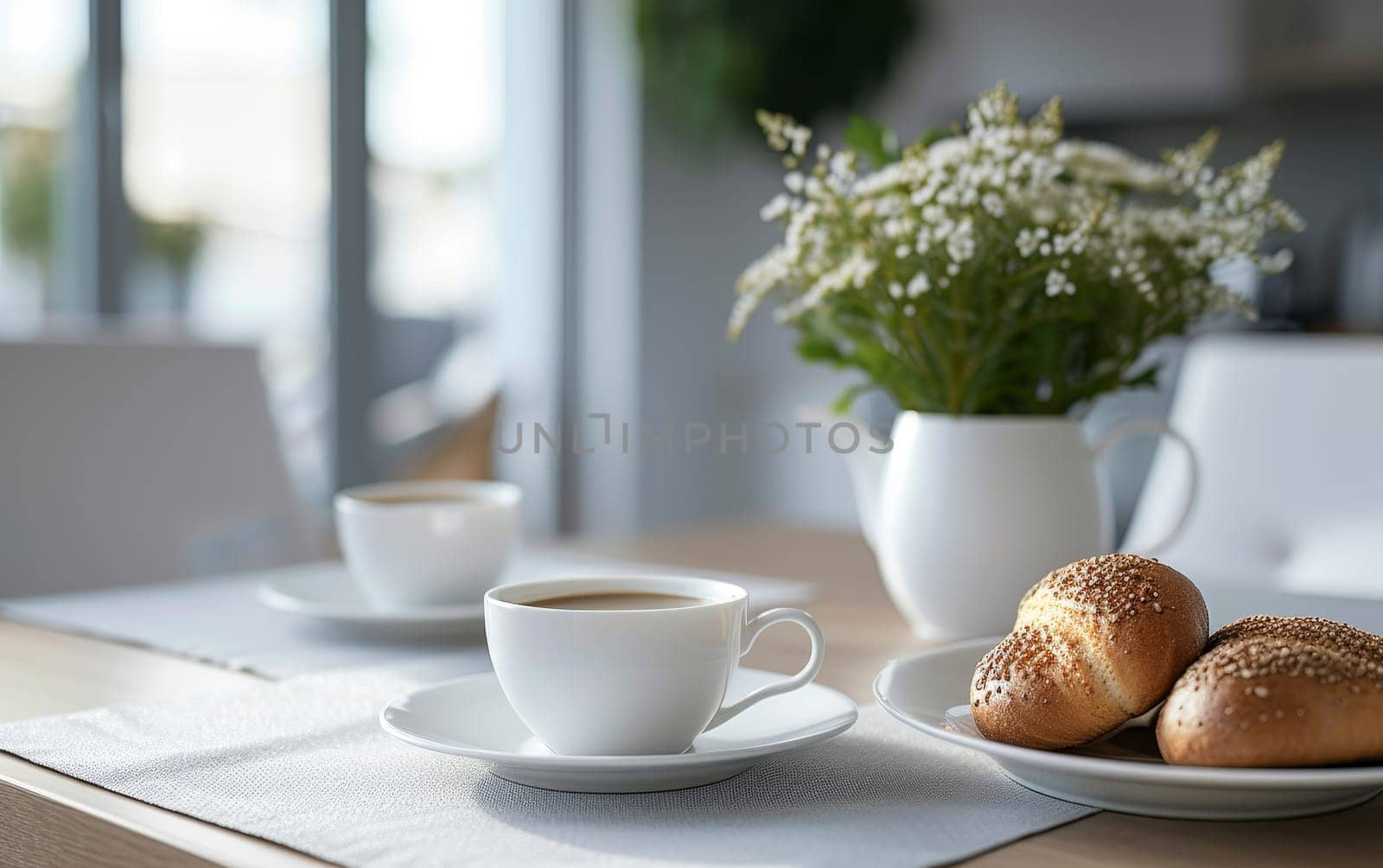 A morning spread with a coffee cup, fresh bread rolls, and a bouquet of flowers, capturing the essence of a sunny kitchen