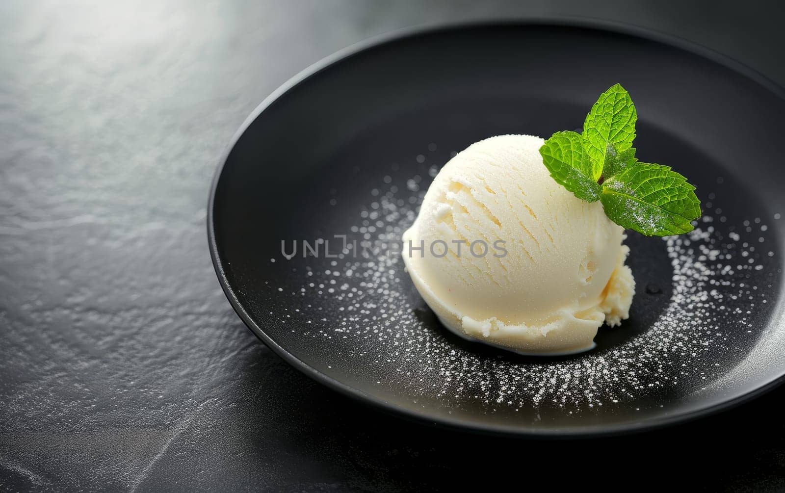 Perfect scoop of vanilla ice cream with a mint leaf on a dark plate