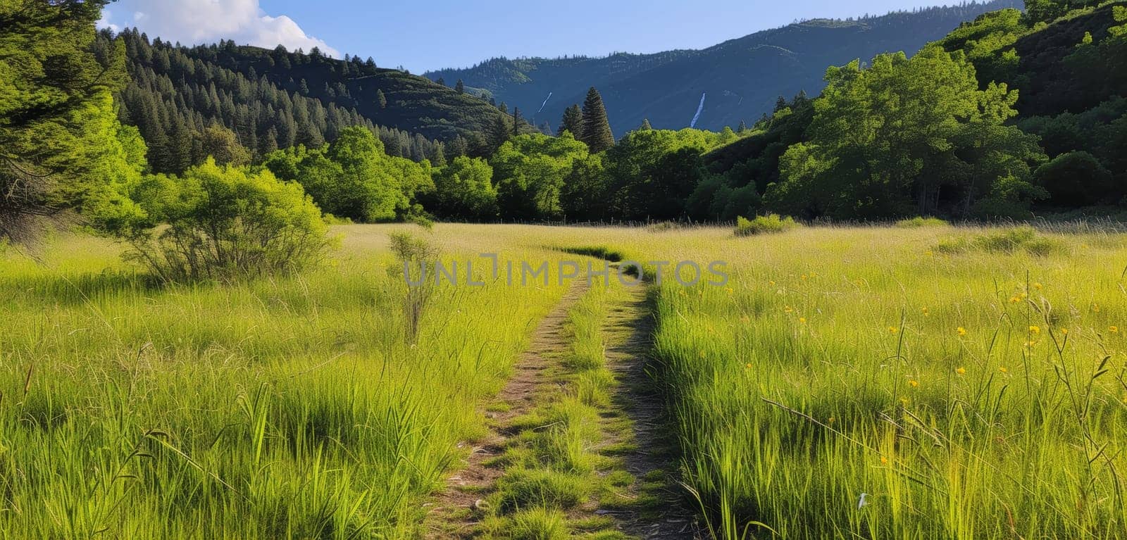 Serene path through a lush green valley with towering mountains in the background