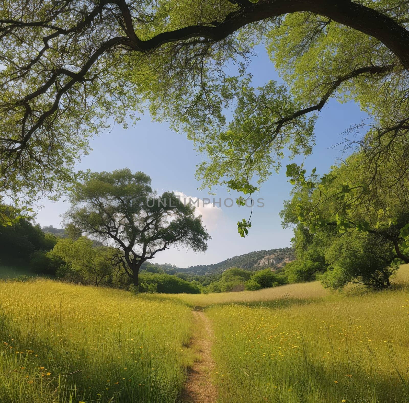 A vibrant nature trail winds through lush greenery under a canopy of trees, with a hint of a blue sky peeking through