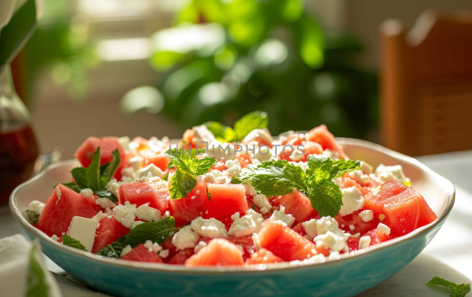 Vibrant watermelon salad topped with crumbled feta cheese and fresh mint leaves, served in a rustic brown bowl, perfect for a summer refreshment