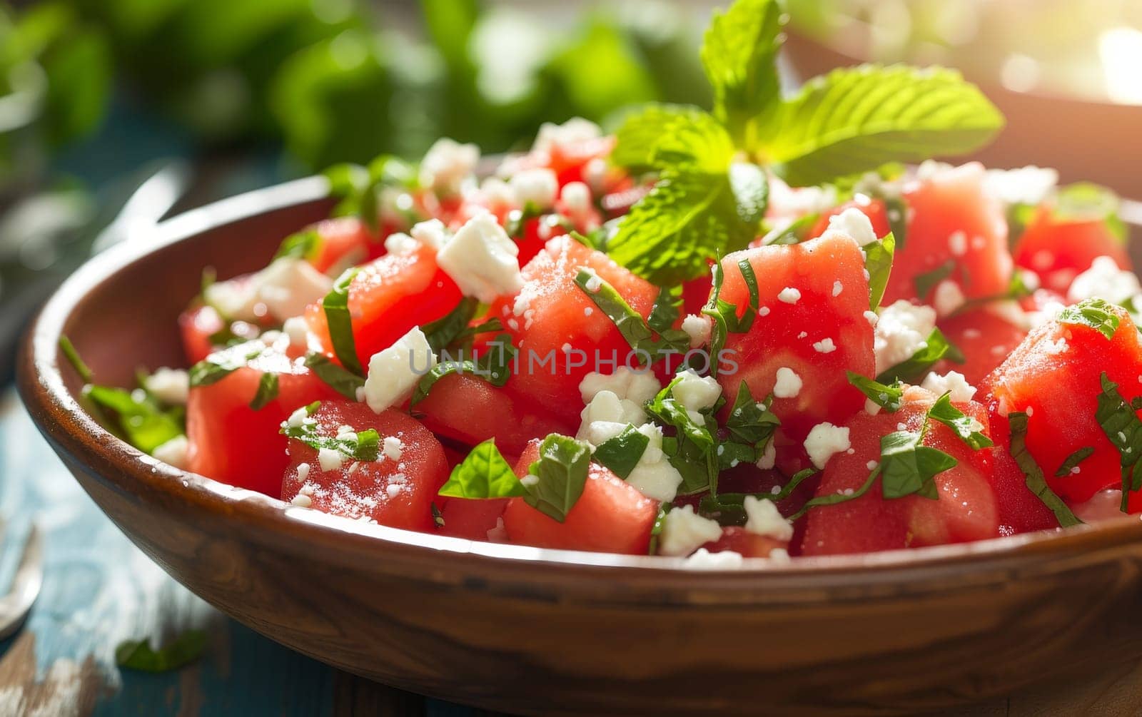 Vibrant watermelon salad topped with crumbled feta cheese and fresh mint leaves, served in a rustic brown bowl, perfect for a summer refreshment