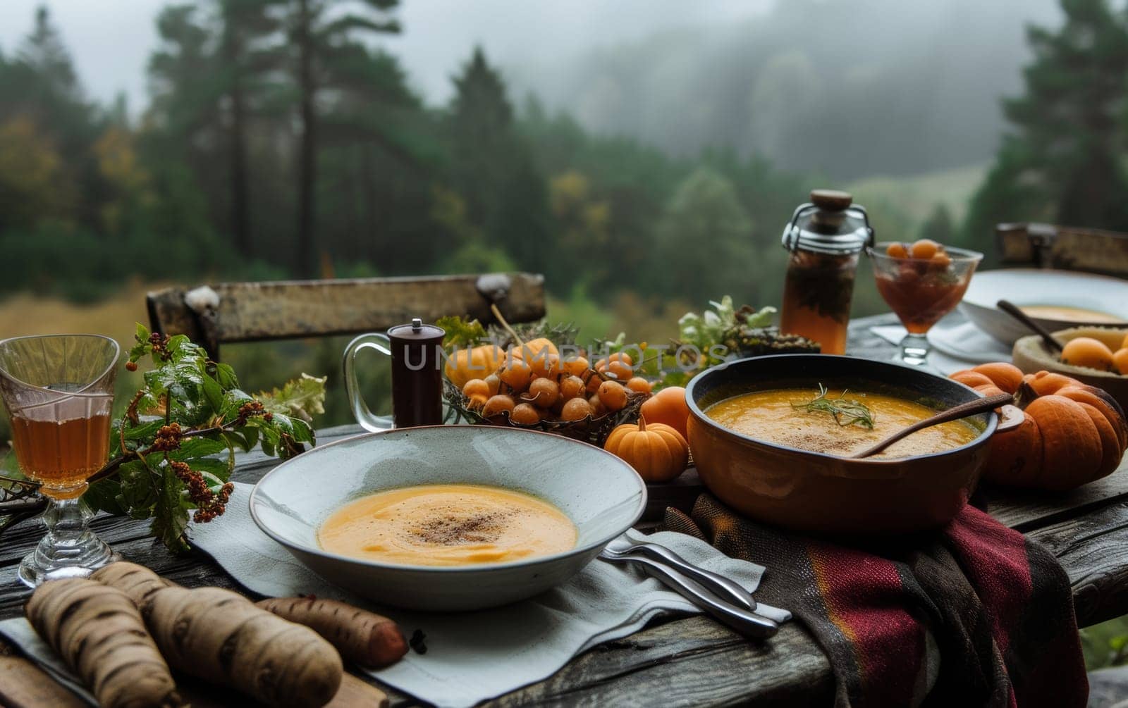 Atmospheric outdoor dining experience with a forest backdrop, featuring warm soup and a rustic autumnal setting