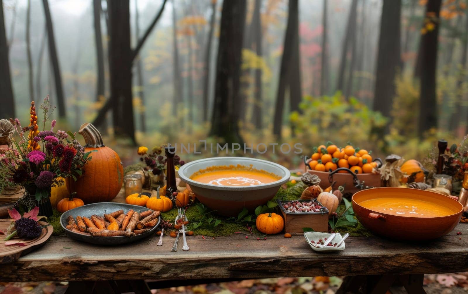 A rustic outdoor feast set against a misty autumnal forest backdrop, complete with pumpkins and a bowl of soup