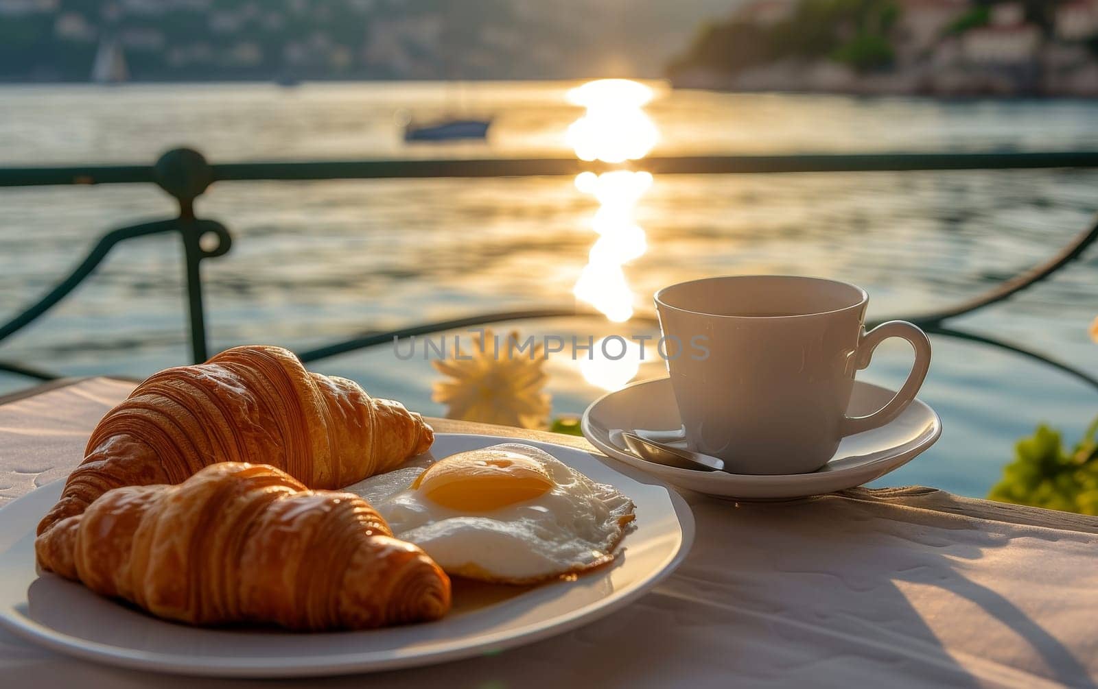 A serene sea view complements a simple breakfast on a wooden table, capturing the essence of a tranquil morning