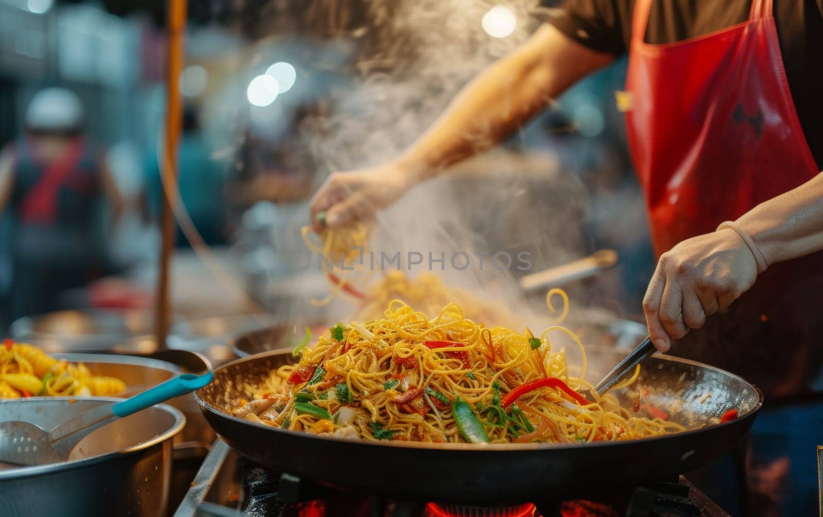 Steam rises from a sizzling wok as noodles are expertly tossed at a bustling street food market stall