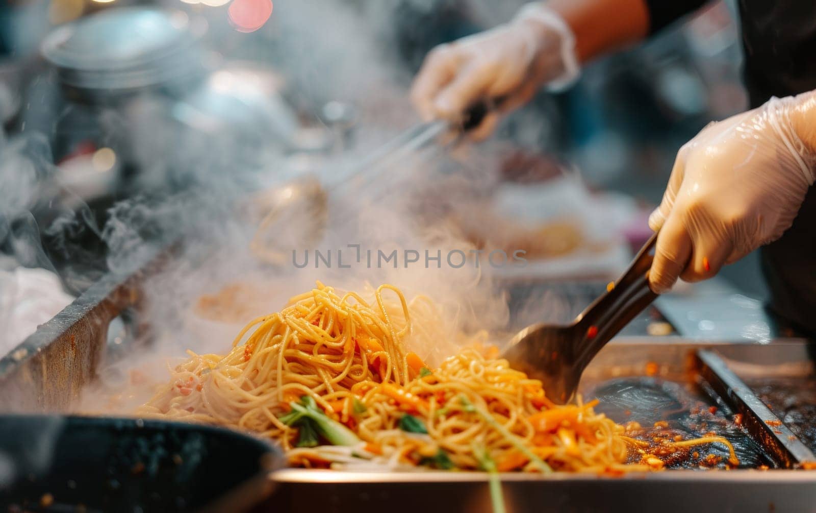 Steam rises from a sizzling wok as noodles are expertly tossed at a bustling street food market stall