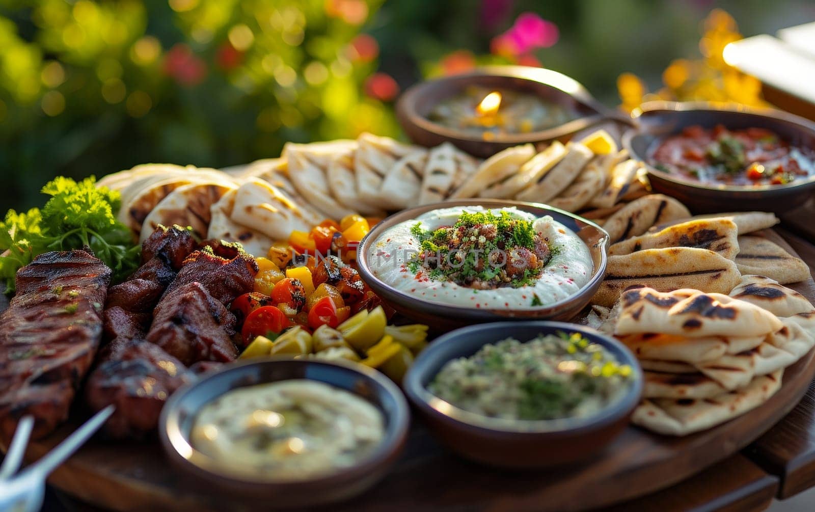 A feast of Middle Eastern dishes served al fresco, highlighted by the golden sunlight and vibrant, fresh ingredients