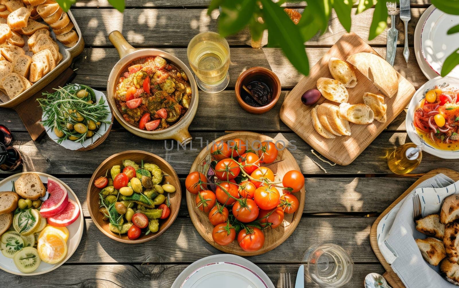 A sunny outdoor spread of Mediterranean dishes including vibrant tomato salad, fresh bread, and a variety of small plates