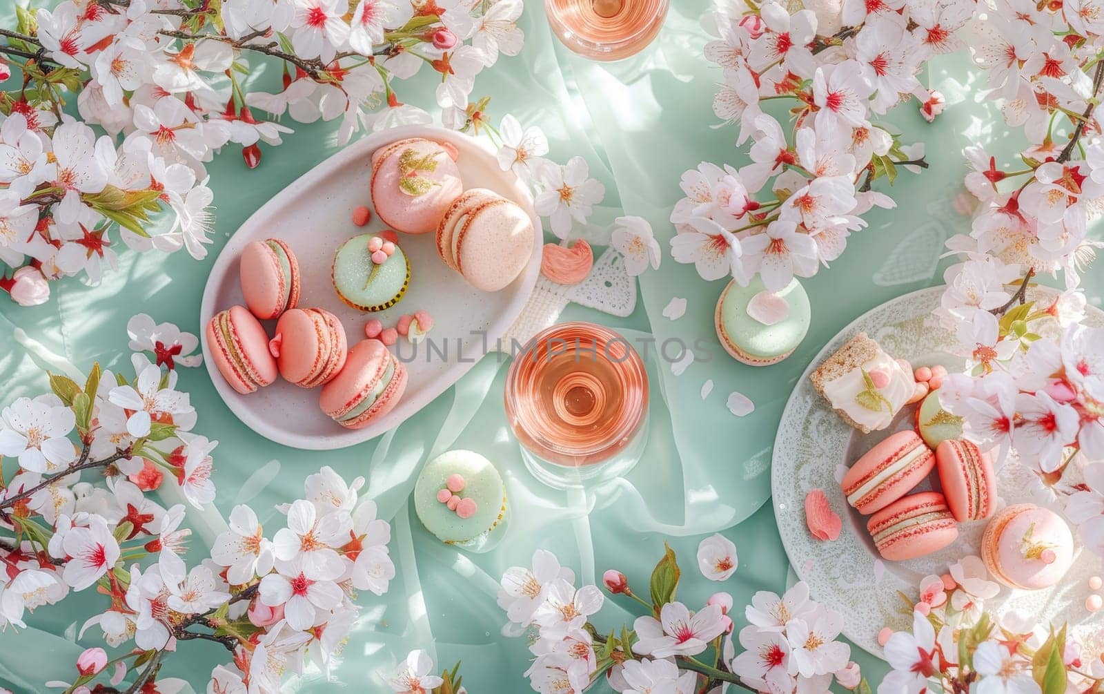 Tranquil picnic scene with delicate macarons, rose wine, surrounded by soft cherry blossoms on a sunny day