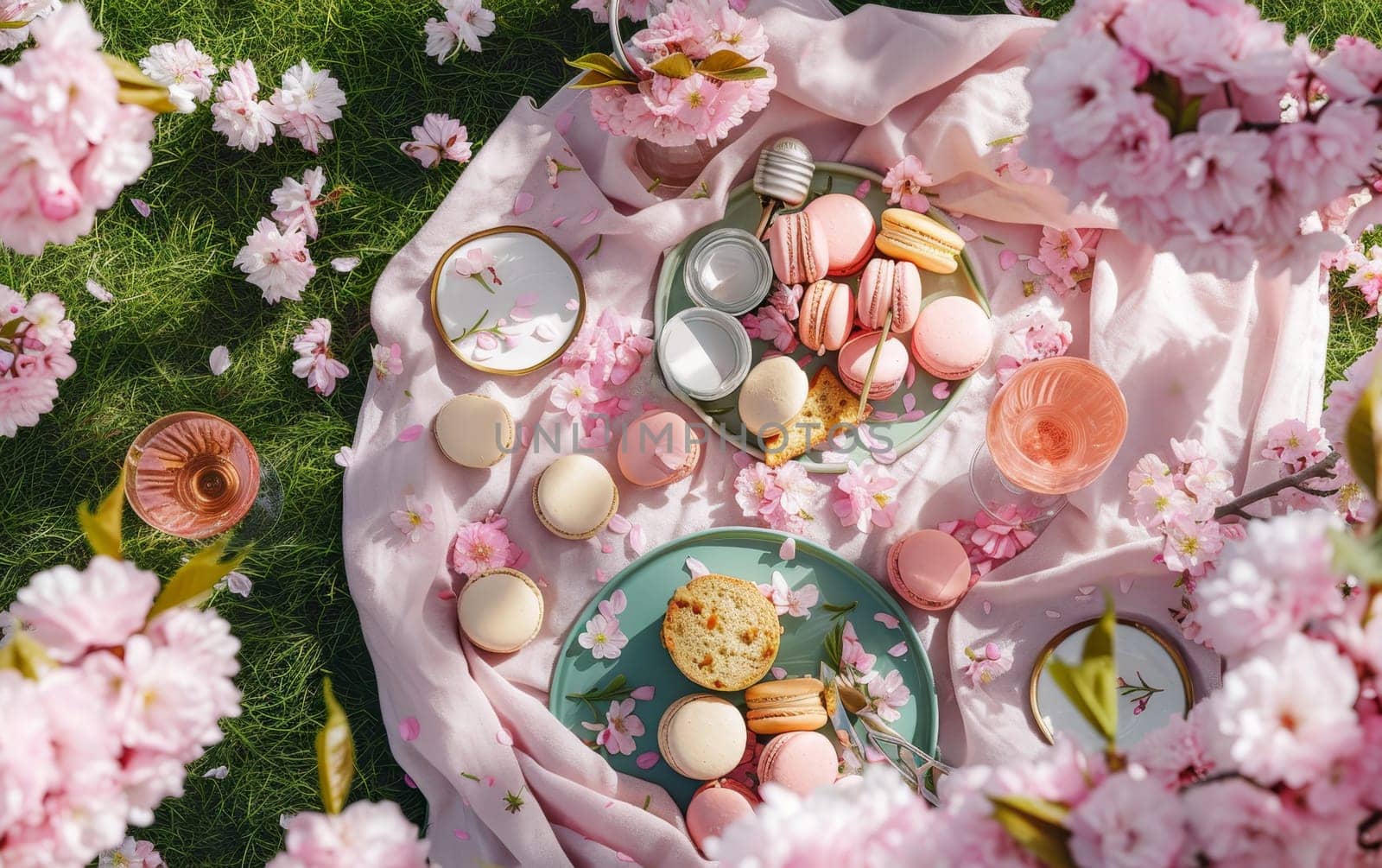 Serene picnic amidst blossoming flowers, featuring a selection of pastel macarons and blush wine on a soft pink blanket