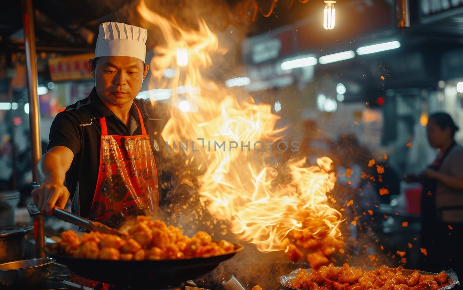 Chef masterfully handles a flaming wok, cooking up a storm at a bustling night street food market