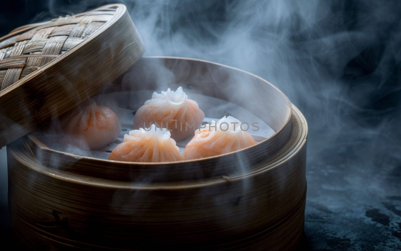 Steamed shrimp dumplings in a bamboo basket, with mist rising to reveal a delicate and traditional breakfast