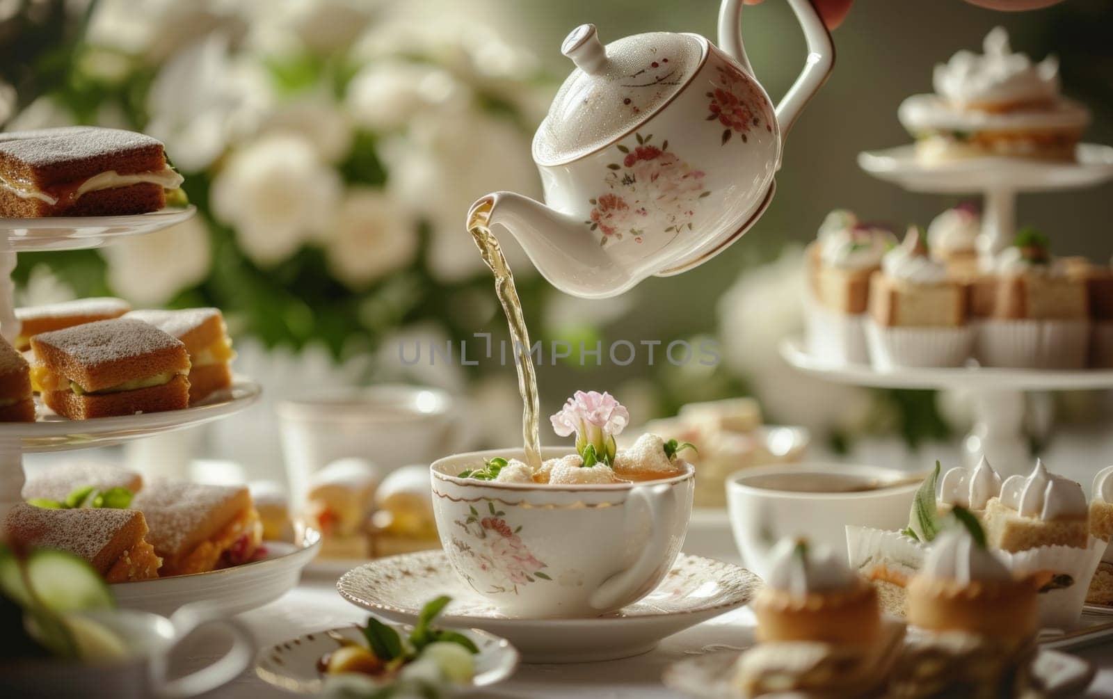 Classic tea time scene with a floral porcelain teapot and tea cups, serving delicate sandwiches and pastries