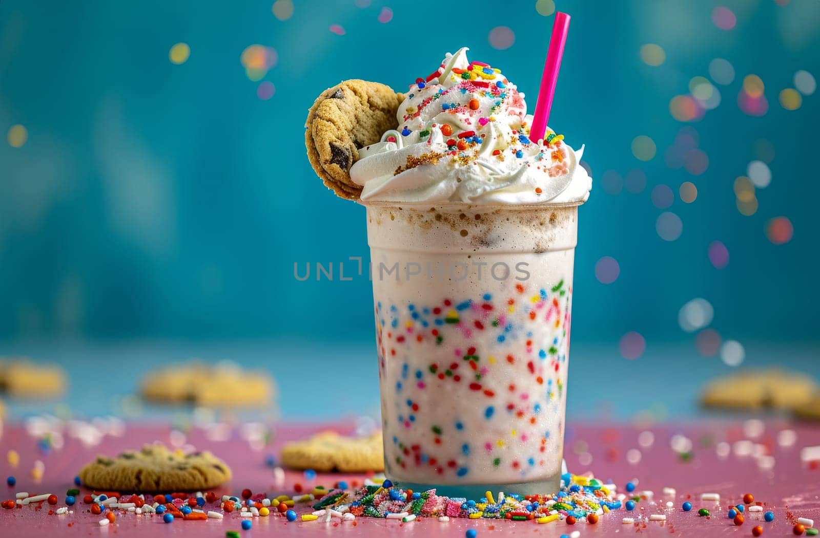 A whimsical milkshake adorned with cookies and colorful sprinkles, embodying dessert extravagance
