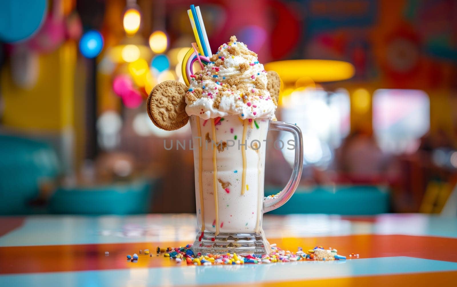 Extravagant milkshake with whipped cream, cookies, and sprinkles, presented with colorful straws against a vibrant diner backdrop
