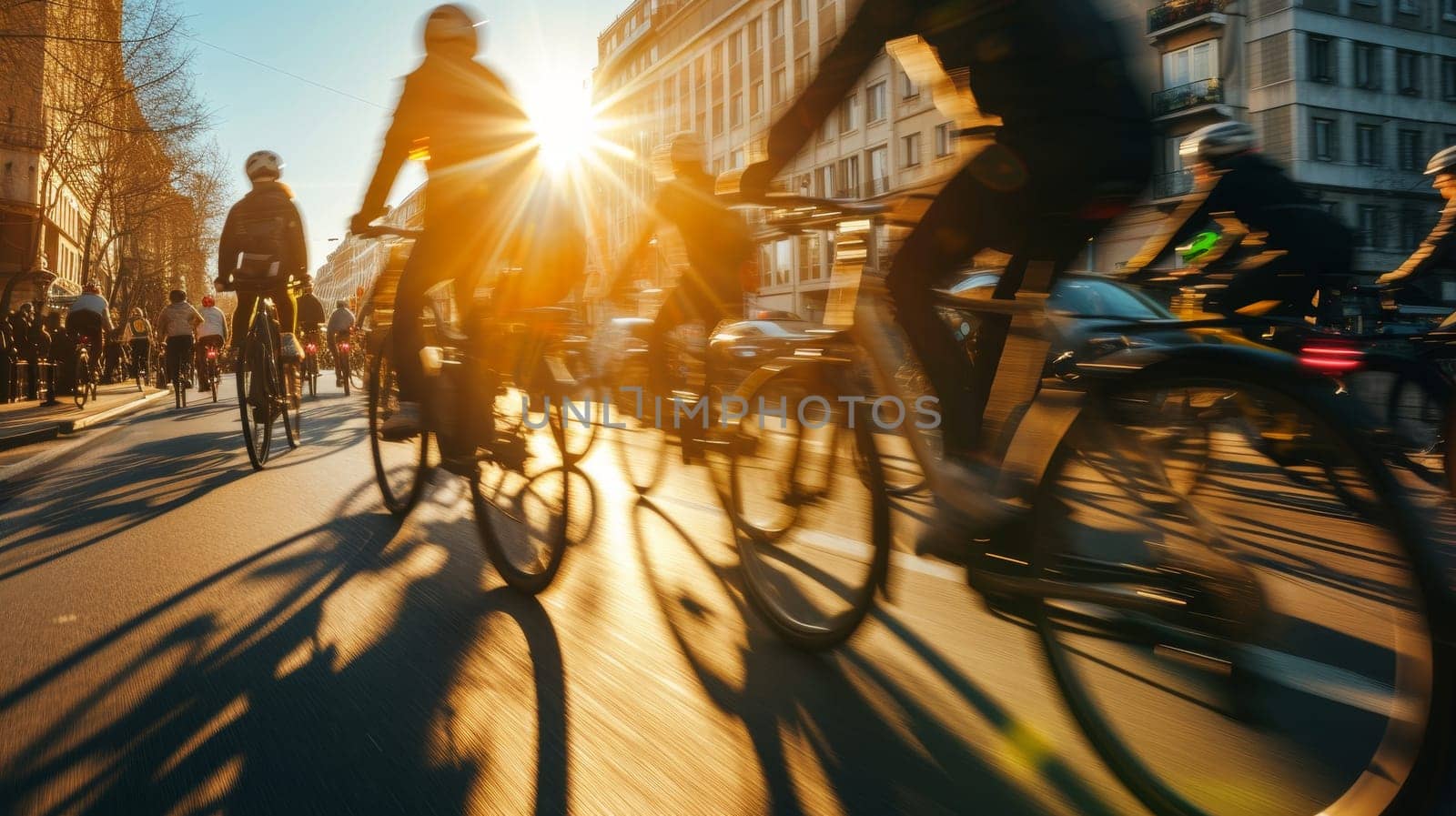 Cyclists on a busy city lane during sunset with elongated shadows and vibrant motion blur