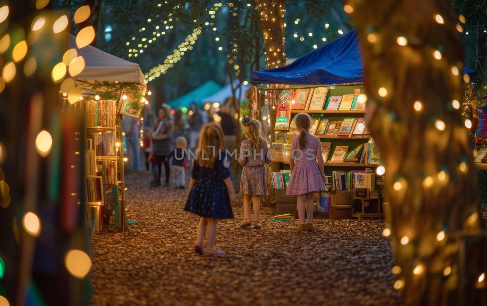 Enchanted evening scene at a holiday market with sparkling lights and visitors enjoying the festive atmosphere