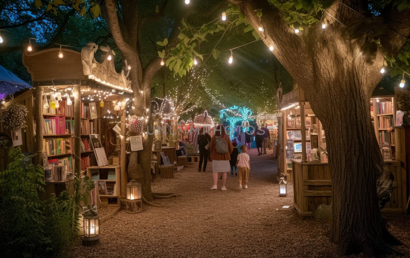 An evening shot of a magical outdoor book fair illuminated by string lights, creating a whimsical atmosphere for readers