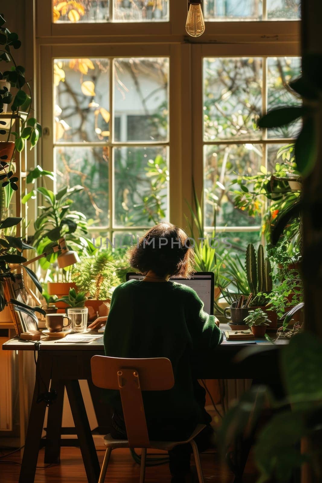 Individual focusing on a laptop in a sunlit home office enriched with vibrant plants