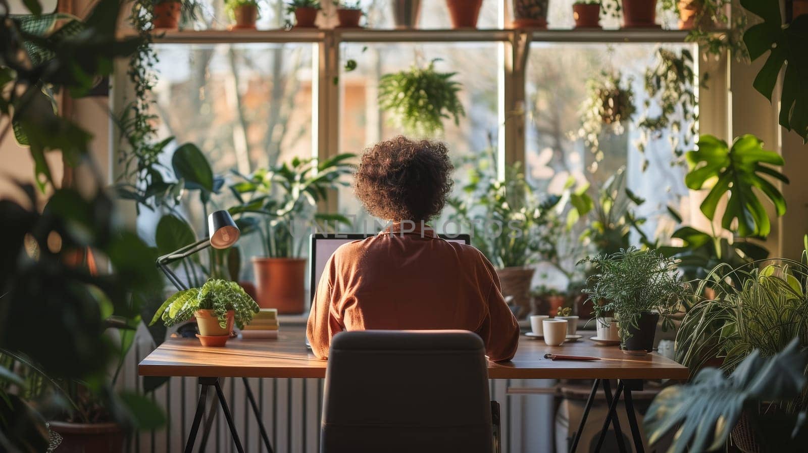 Person sits at a desk in a greenhouse surrounded by lush plants, experiencing a tranquil work environment