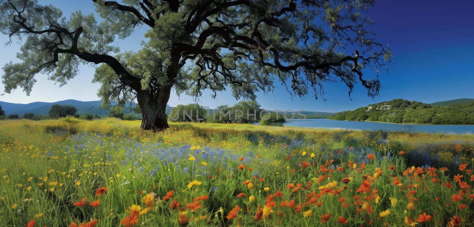 Majestic oak tree stands over a colorful wildflower meadow by a serene lake, exemplifying natural splendor