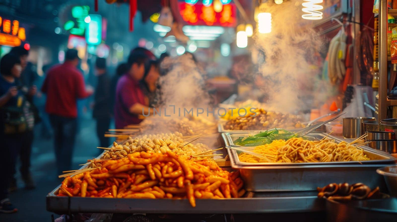 Night market scene with a rich array of street food displayed under bright lights, with vendors and customers in soft focus