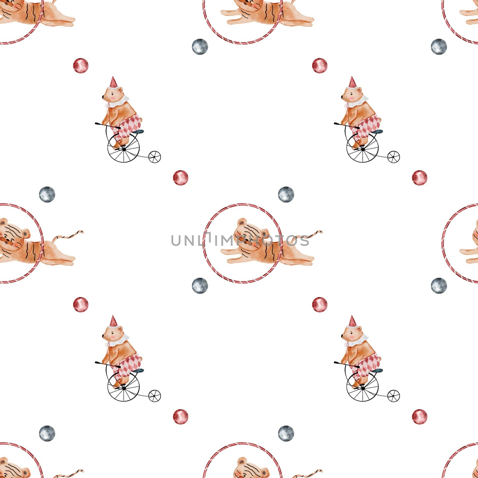 Circus pattern watercolor.Seamless illustration of a circus performance on an isolated white background. With a bear on a bicycle and a tiger jumping through a hoop. Vintage pattern for children's textiles and holiday decoration, baby shower and birthday