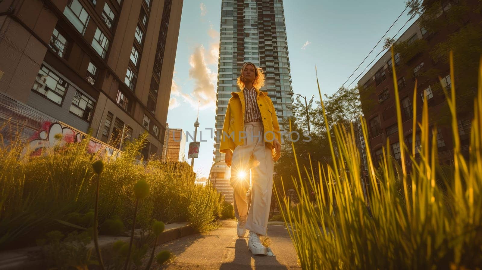 Fashionable person walking through urban greenery at golden hour, cityscape background