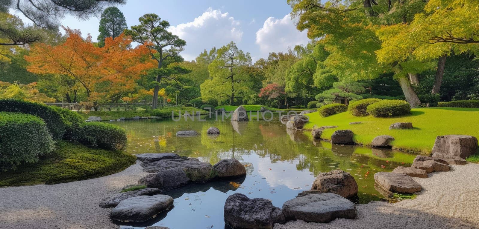 Traditional Japanese garden with a peaceful pond, meticulously placed stones, and vibrant autumn colors