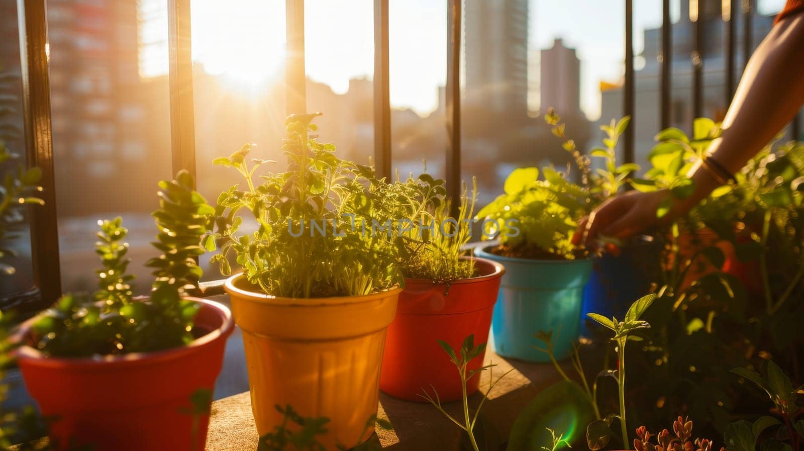 Warm sunlight bathes a collection of colorful potted plants on an urban balcony as a person tends to their urban garden