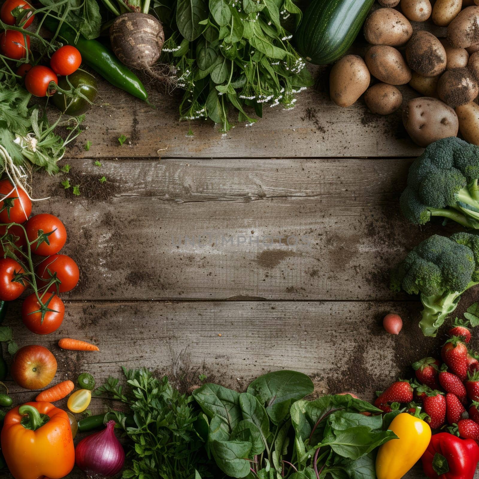 Assortment of fresh vegetables and fruits on rustic wooden background from above