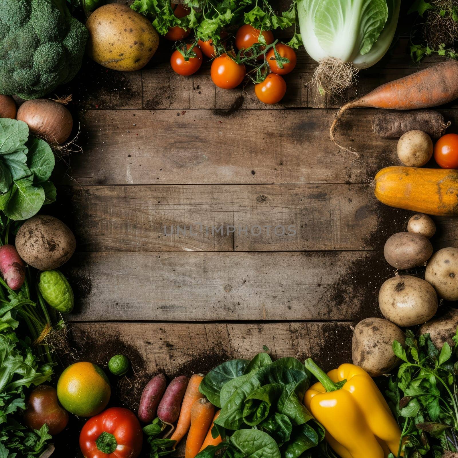 Assortment of fresh vegetables and fruits on rustic wooden background from above